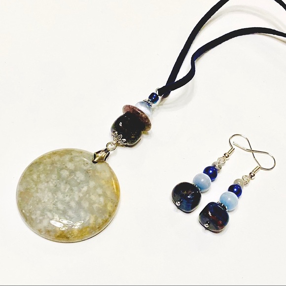 Navy Blue Brown & Gray Fossilized Coral Necklace & Matching Stone Earrings - Picture 3 of 14